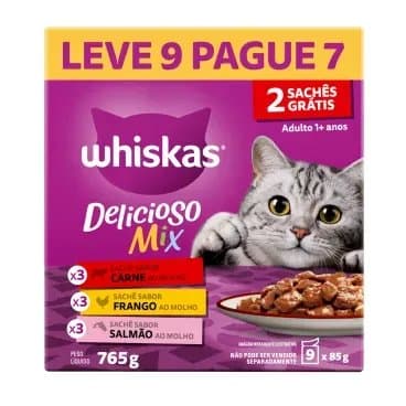 Ração Úmida Whiskas Sachê Gatos Adultos Carne, Frango e Salmão Leve 9 Pague 7