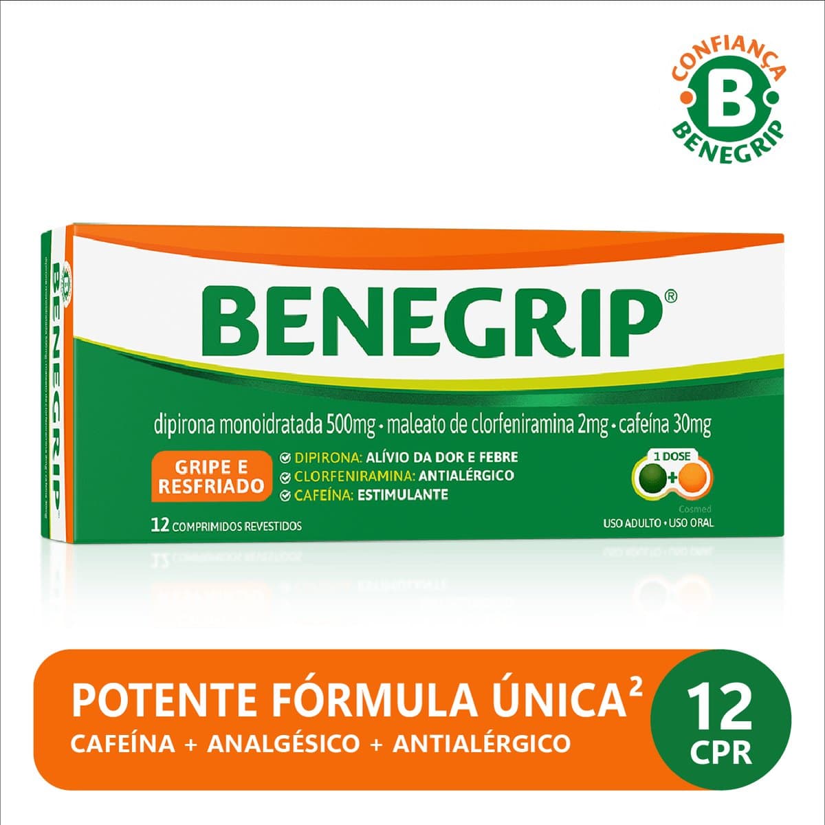 Benegrip Antigripal e Analgésico para Alívio da Gripe e Resfriado 12 Comprimidos