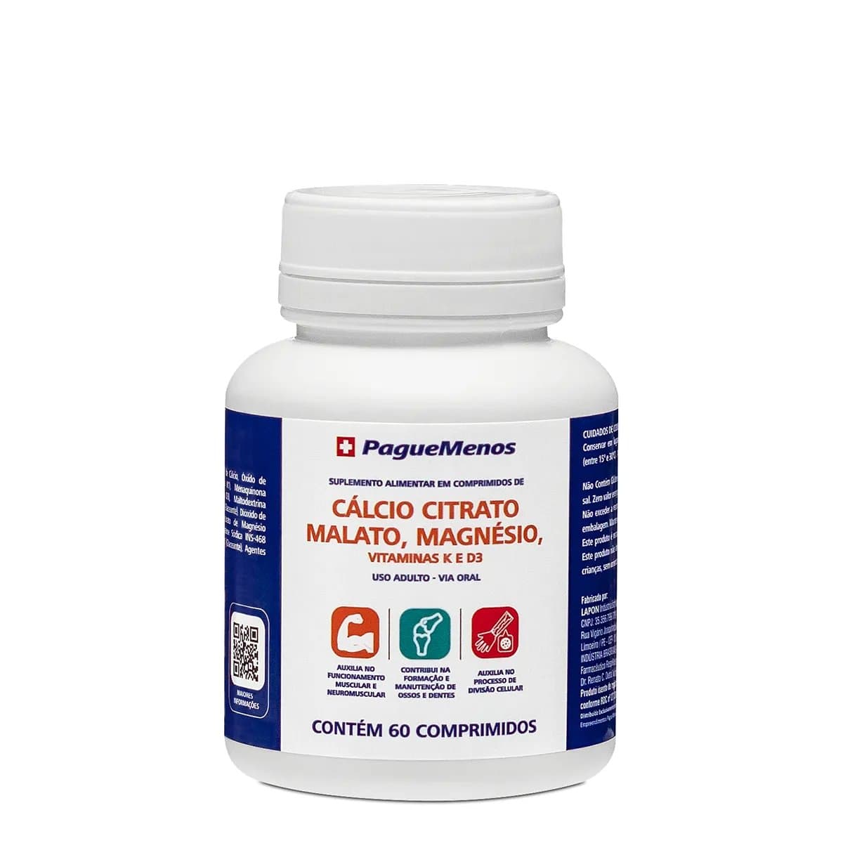 Cálcio Citrato Malato +K2 +D3 Pague Menos 60 Comprimidos
