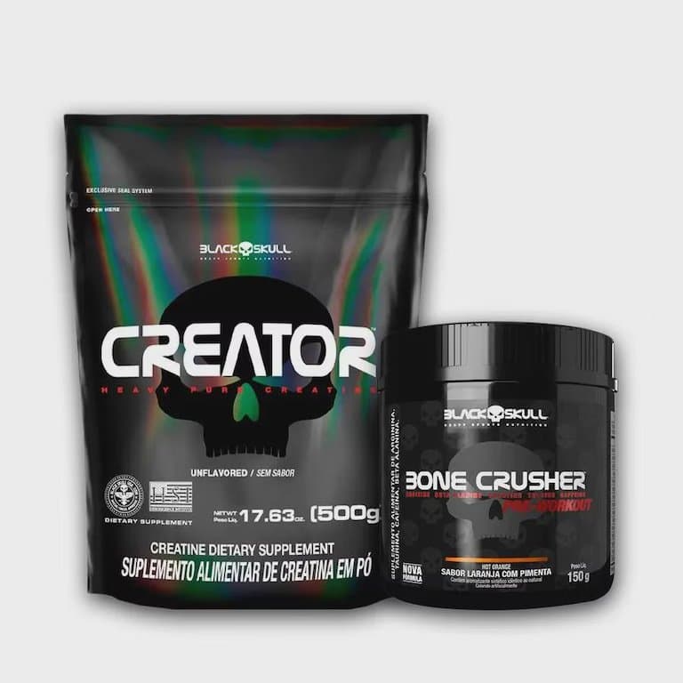 Combo Black Skull Pré Treino Bone Crusher Hot Orange 150G + Creatina Creator 500G