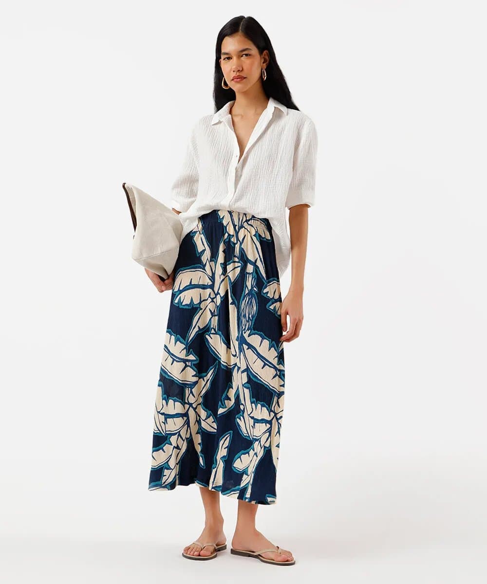 saia midi feminina plissada folhagens azul